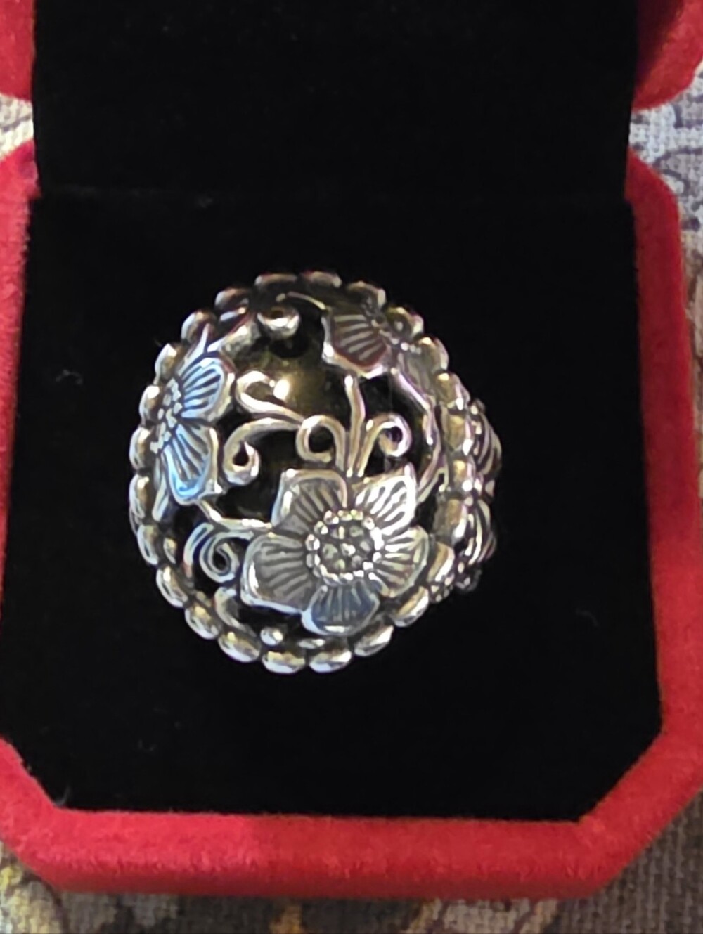 Floral Onyx Sterling Silver Ring by Carolyn Pollack Size 10